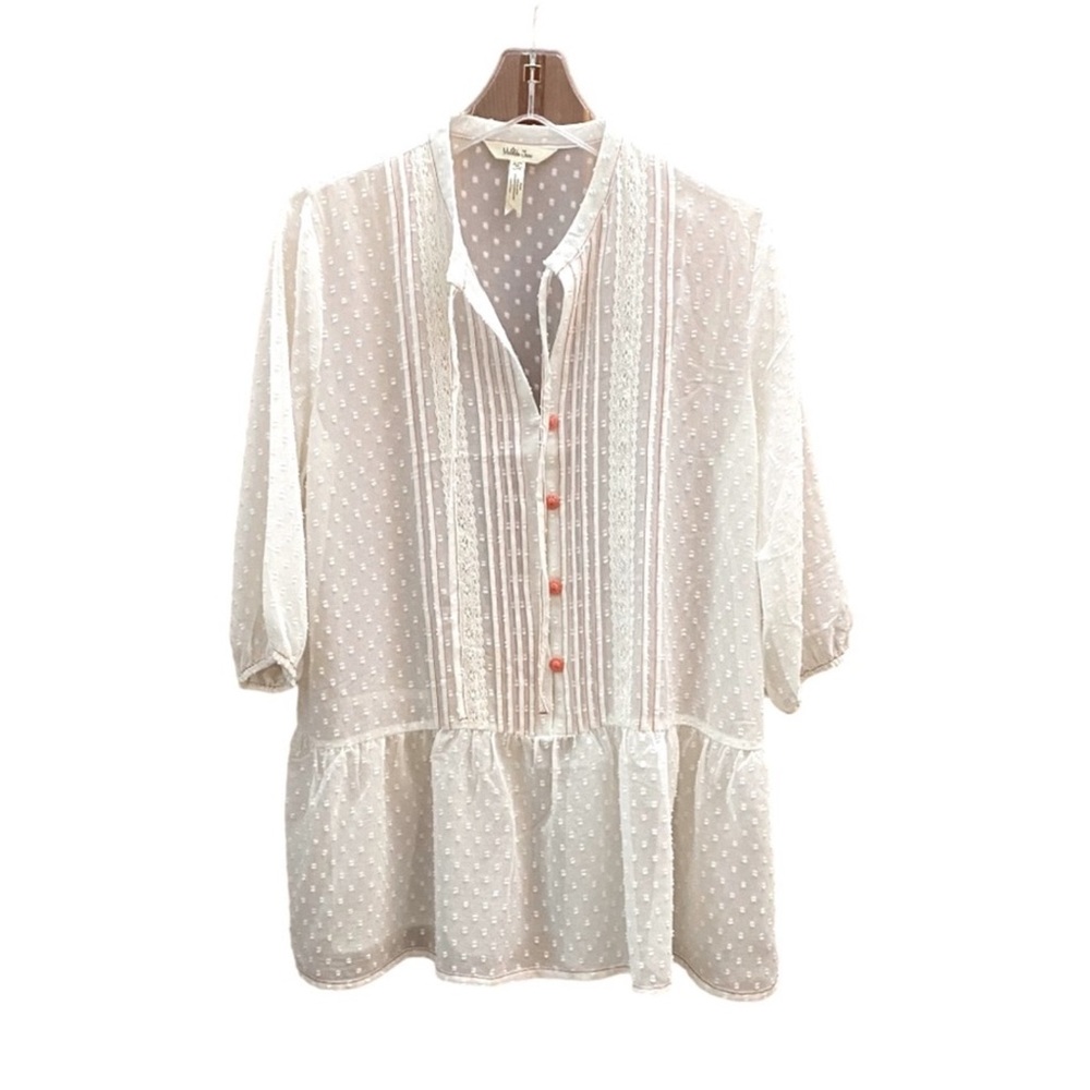 Matilda Jane Light the Way Dotted Swiss Sheer Cream Blouse with Peach Accents